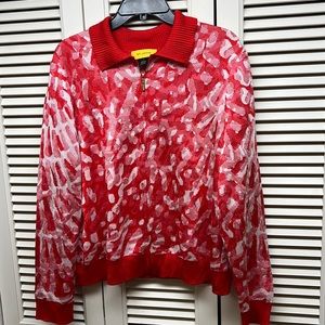 St. John Knit Abstract Red White Zippered Nice Cozy Jacket Sweater SzXL New
